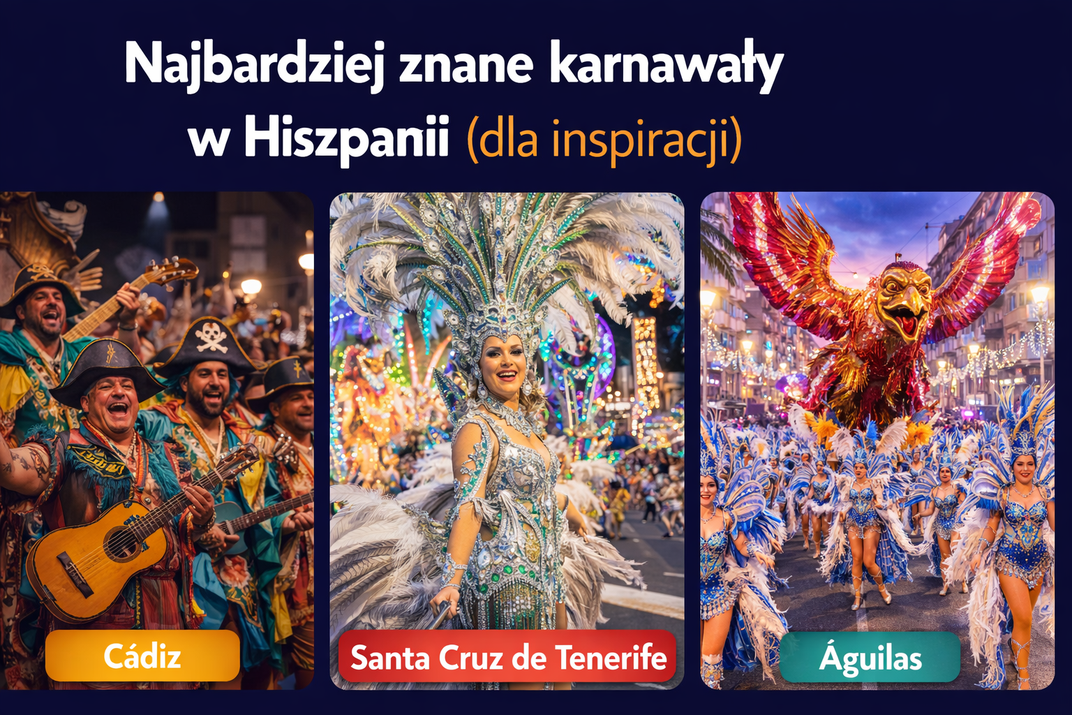 Najbardziej znane karnawały w Hiszpanii – kolaż zdjęć z Cádiz, Santa Cruz de Tenerife i Águilas